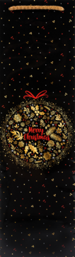 Wysoka, czarna torebka prezentowa na wino z uchwytem, złotym ornamentem świątecznym i czerwonym napisem 'Merry Christmas'.