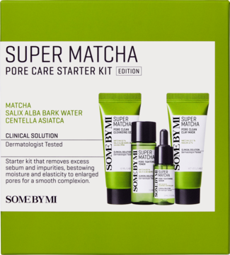 SOME BY MI Super Matcha Pore Care Starter Kit, zielone pudełko z 4 produktami do pielęgnacji porów.