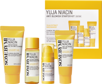 Zestaw SOME BY MI Yuja Niacin Anti Blemish: żółty tonik, serum, krem, żel i pudełko. Z niacynamidem na przebarwienia.