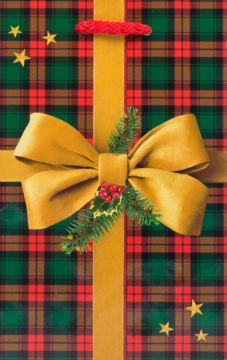 Świąteczna torba prezentowa w czerwoną i zieloną szkocką kratę, ze złotą wstążką i kokardą z ostrokrzewem.