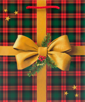 Pionowa świąteczna torba prezentowa w szkocką kratę, ze złotą wstążką, kokardą, ostrokrzewem i gwiazdkami.