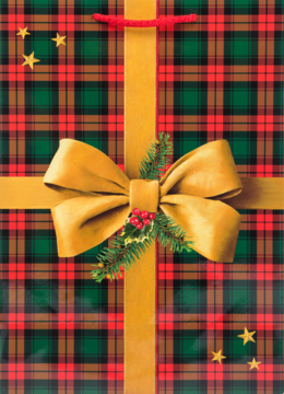 Błyszcząca torba prezentowa w szkocką kratę, ze złotą wstążką, kokardą, ostrokrzewem i uchwytem.