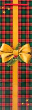 Green and red tartan gift wrap with a golden ribbon and bow, decorated with holly and scattered stars.