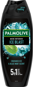 Czarna butelka żelu Palmolive Men Intense Ice Blast 5w1 z zielonym logo i grafiką lodu, widok z przodu.