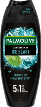 Czarna butelka żelu Palmolive Men Intense Ice Blast 5w1 z zielonym logo i grafiką lodu, widok z przodu.