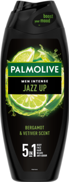 Palmolive Men Jazz Up żel 5w1, czarna butelka z limonkami, bergamotka i wetiwer. Widok z przodu.