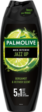 Palmolive Men Jazz Up żel 5w1, czarna butelka z limonkami, bergamotka i wetiwer. Widok z przodu.