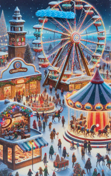 Tętniący życiem, ośnieżony jarmark bożonarodzeniowy nocą, z oświetlonym diabelskim młynem, karuzelą i straganami.