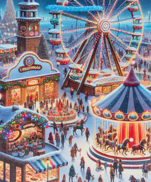Malowniczy jarmark bożonarodzeniowy nocą, z ośnieżonymi straganami, oświetlonym diabelskim młynem i karuzelą.