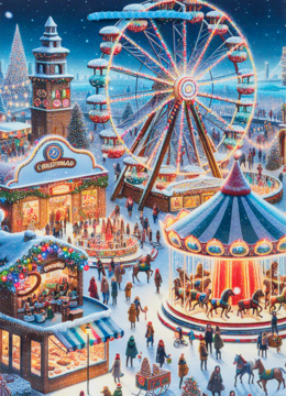 Zimowy jarmark z oświetlonym diabelskim młynem i karuzelą, stragany w śniegu, mnóstwo ludzi, świąteczna atmosfera.