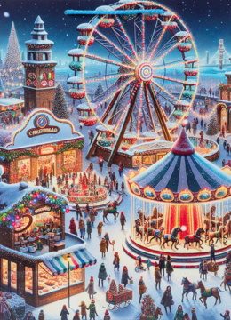 Urokliwy zimowy jarmark bożonarodzeniowy z rozświetlonym kołem młyńskim, karuzelą, straganami i ludźmi w śniegu.