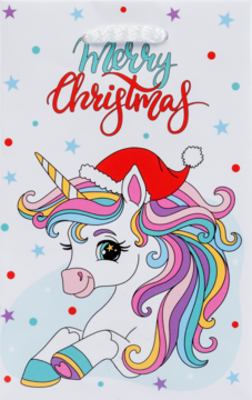 Biała świąteczna torebka prezentowa z jednorożcem w czapce Mikołaja, kolorową grzywą i napisem "Merry Christmas".