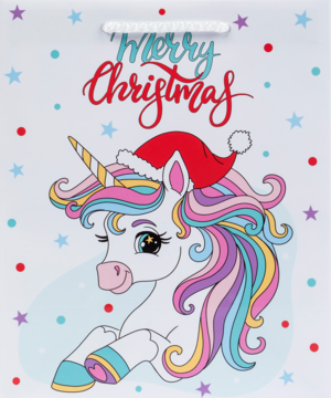 Biała torba prezentowa z jednorożcem w czapce Mikołaja, napisem Merry Christmas, kolorowymi kropkami i gwiazdkami.