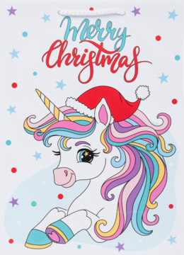 Biała torba prezentowa z ilustracją jednorożca w czapce Mikołaja, z tęczową grzywą i napisem "Merry Christmas".