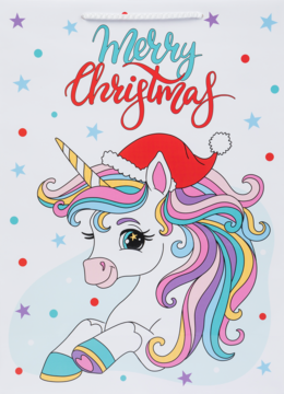 Biała świąteczna torba prezentowa z jednorożcem w czapce Mikołaja i napisem "Merry Christmas", widok z przodu.