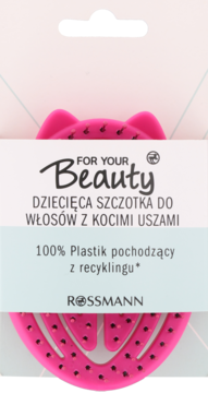 Różowa szczotka For Your Beauty dla dzieci z kocimi uszami, z plastiku 100% z recyklingu, widok z przodu.