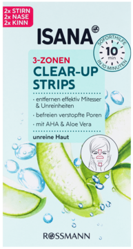Isana 3-Zonen Clear-Up Strips na zaskórniki, opakowanie w błękitno-zielonych barwach z aloesem, widok z przodu.