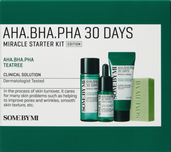 Zestaw Some By Mi AHA.BHA.PHA 30 Days Miracle Kit: tonik, serum, krem, mydło w zielonym opakowaniu, ujęcie z przodu.