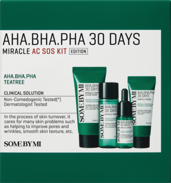 Zestaw SOME BY MI AHA.BHA.PHA 30 Days Miracle AC SOS Kit. Zielone pudełko z pianką, tonikiem, serum i kremem.