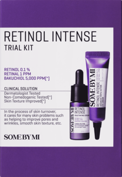 Zestaw SOME BY MI Retinol Intense Trial Kit: fioletowe serum i krem pod oczy z retinolem, w biało-fioletowym pudełku.