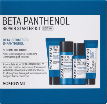 SOME BY MI BETA PANTHENOL REPAIR STARTER KIT. Niebieskie pudełko z czterema butelkami do naprawy bariery skórnej, widok z przodu.