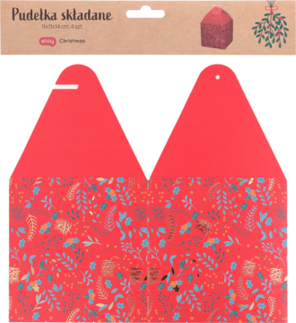 Czerwone, rozłożone pudełko składane na prezenty świąteczne, z botanicznym wzorem liści i jagód, widok z góry.