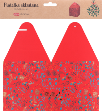 Czerwone składane pudełko prezentowe, rozłożone, ze świątecznym motywem liści i jagód, widok z góry.