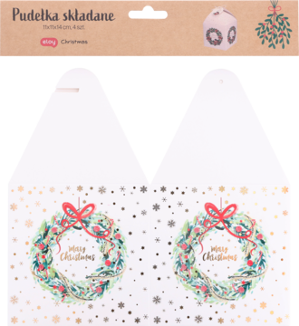 Składane pudełka świąteczne w brązowym opakowaniu, białe, z nadrukiem wieńców bożonarodzeniowych i złotych płatków.