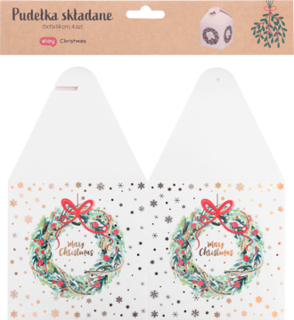 Białe składane pudełka 11x11x14cm z bożonarodzeniowym wieńcem "Merry Christmas", leżące płasko.