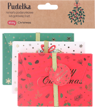Zestaw 3 świątecznych kopert na karty podarunkowe lub gotówkę, czerwone, białe i zielone, ze złotymi wzorami.