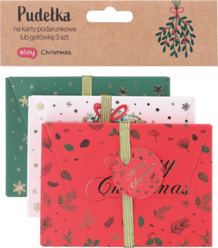Zestaw 3 świątecznych pudełek na karty podarunkowe/gotówkę: czerwone z liśćmi, białe i zielone, ze złotymi wstążkami.