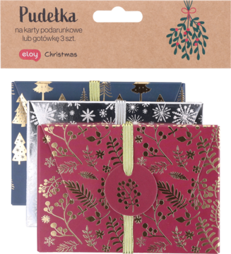 Trzy świąteczne koperty prezentowe Eloy na gotówkę lub karty podarunkowe, ze złotymi wzorami, w zestawie.