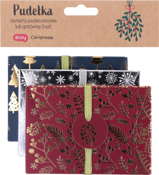 Zestaw 3 ciemnych pudełek prezentowych na gotówkę/karty, ze złotymi świątecznymi wzorami: granatowe, srebrne, czerwone. Widok z przodu.