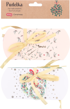 Pudełka świąteczne Eloy Christmas 15x7 cm, 8 sztuk, z żółtymi wstążkami, wzory jemioły i wieńca.