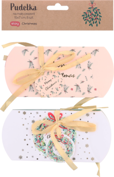 Dwa świąteczne pudełka prezentowe na mały prezent, różowe i białe z motywami, przewiązane żółtymi wstążkami.