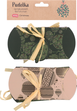 Pudełka na mały prezent: dwa owalne pudełka, zielone i beżowe, z kokardkami, świąteczny motyw, widok z góry.