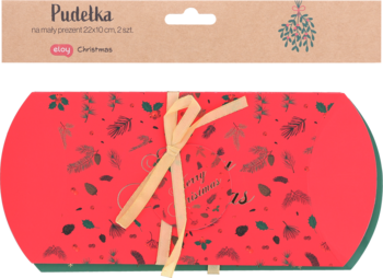 Dwa czerwono-zielone pudełka na mały prezent 22x10 cm ze świątecznym motywem, przewiązane żółtą wstążką, widok z przodu.
