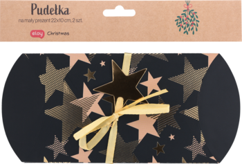 Czarne pudełka na prezent 22x10cm, ze złotymi gwiazdami i dekoracyjną gwiazdką z kokardką.