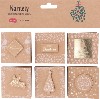 Karnety samoprzylepne świąteczne Eloy, 12 sztuk. Brązowe opakowanie i 6 kart z bożonarodzeniowymi złoconymi wzorami.