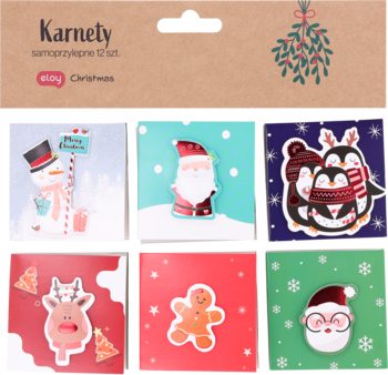 Zestaw 12 samoprzylepnych karnetów świątecznych. Brązowe pudełko, kolorowe etykiety: bałwan, Mikołaj, pingwiny. Widok z góry.