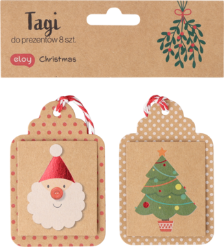 Zestaw 8 kraftowych zawieszek prezentowych Eloy Christmas, Mikołaj i choinka, z czerwonymi wstążkami. Widok z przodu.