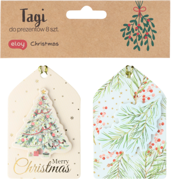 Zestaw 8 świątecznych zawieszek do prezentów Eloy: beżowa z brokatową choinką 3D, biała z zielonymi gałązkami i jagodami.