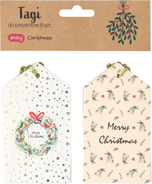 Opakowanie 8 świątecznych zawieszek prezentowych Eloy Christmas. Tagi z wieńcem, motywem jemioły i napisem 'Merry Christmas'.