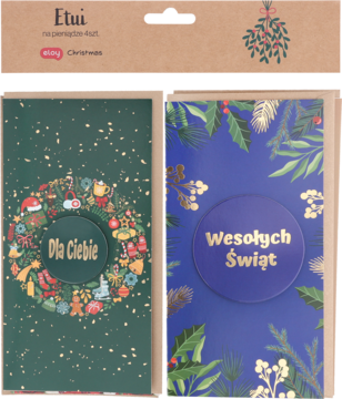 Zestaw świątecznych etui na karty podarunkowe: zielone z wieńcem 'Dla Ciebie' i niebieskie z 'Wesołych Świąt'.