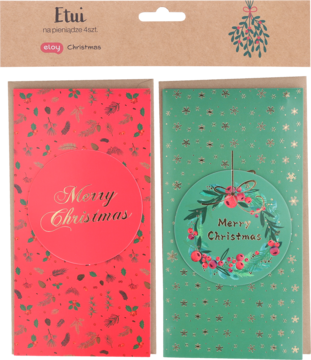Zestaw 2 kartek świątecznych w folii; czerwona ze złotym 'Merry Christmas', zielona z wieńcem i gwiazdkami.