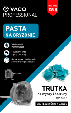 Opakowanie Vaco Professional Pasta na gryzonie, czarno-niebieskie, z myszą i widocznymi niebieskimi saszetkami trutki.