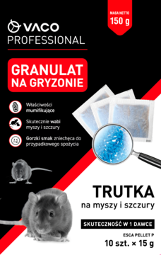 VACO Granulat na gryzonie, trutka w granulkach 150g, czarno-czerwone opakowanie z myszami, widok z przodu.