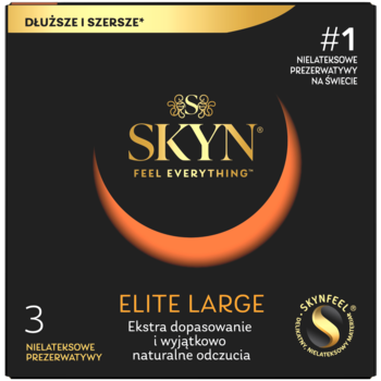 SKYN Elite Large: czarne opakowanie nielateksowych prezerwatyw, złote logo, pomarańczowy łuk, widok z przodu.