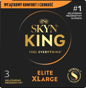 Czarne opakowanie prezerwatyw Skyn King Elite XLARGE, widok z przodu. Złote logo, napis: cienkie, #1 nielateksowe.