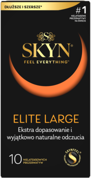 Czarne pudełko prezerwatyw SKYN Elite Large z pomarańczowym akcentem, napisem „FEEL EVERYTHING” i złotym logo.